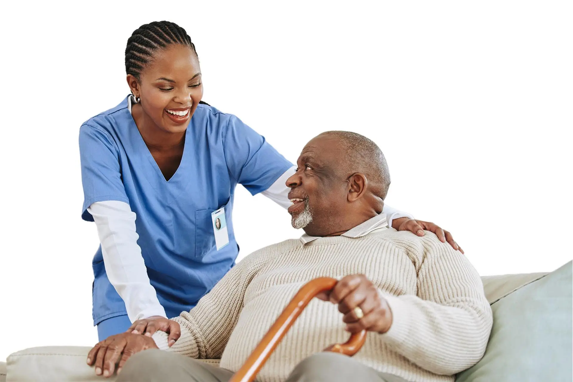 Compassionate caregiver smiling with senior client at home in Dartmouth Nova Scotia